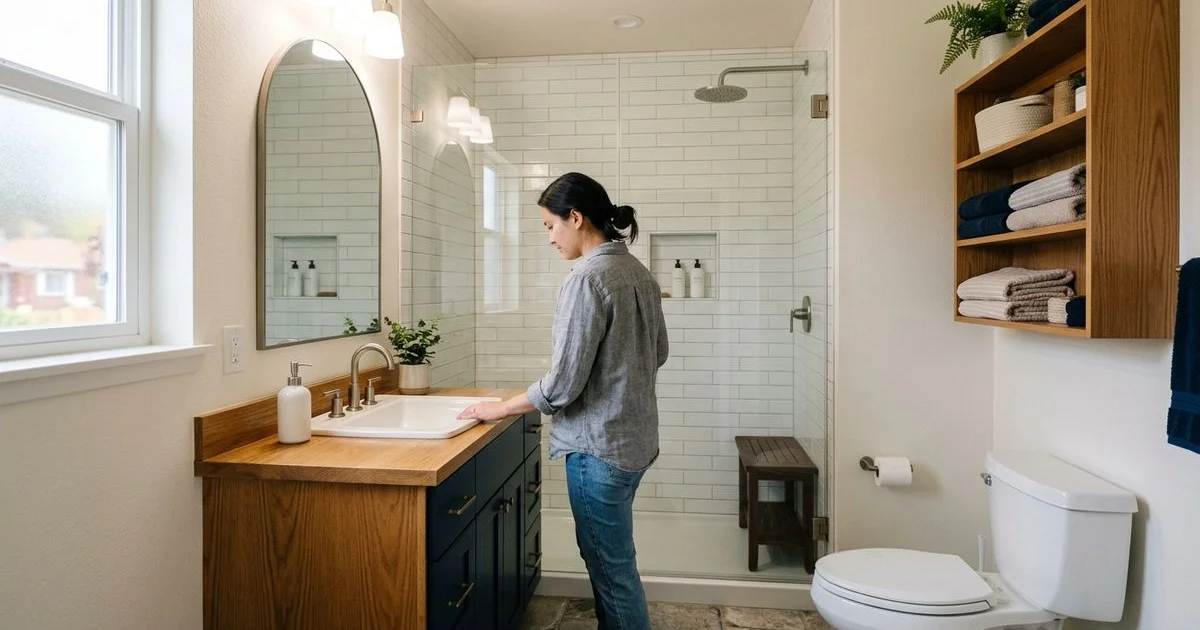 Bright remodeled small bathroom with clever storage