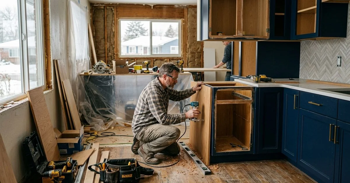 Cabinet refacing in progress next to new cabinet installation