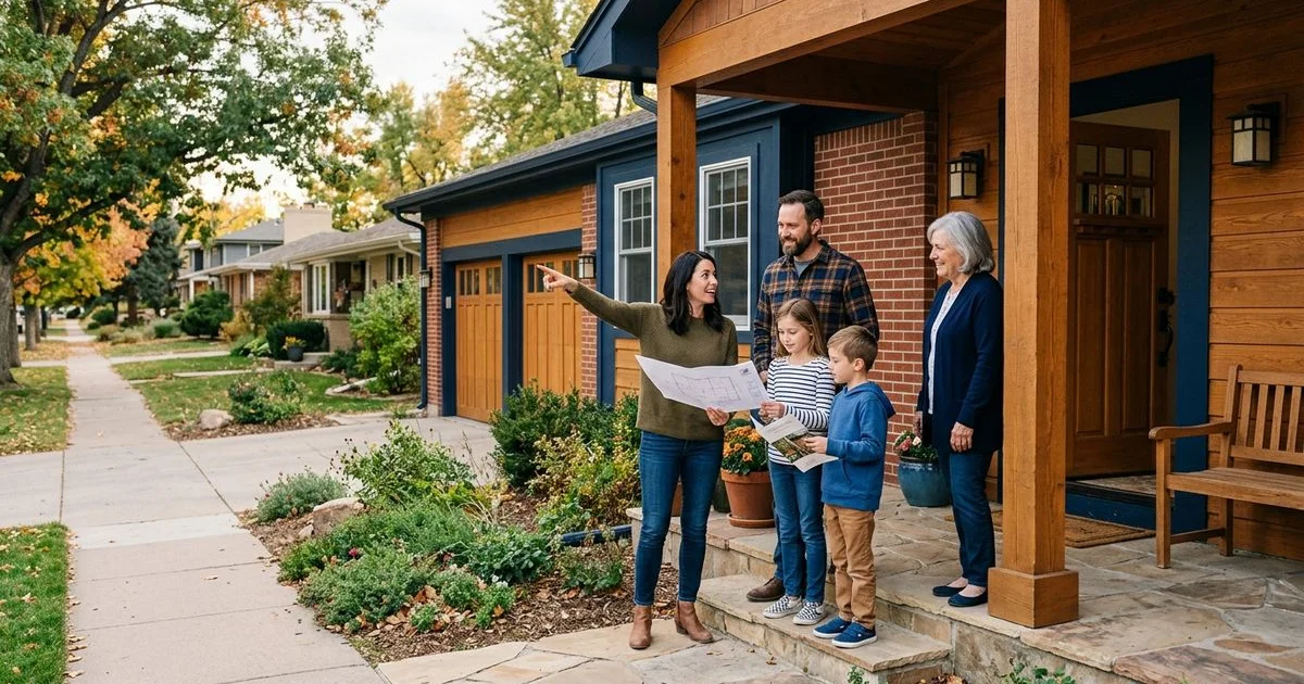 Family in front of an established Arvada ranch home considering remodel versus move