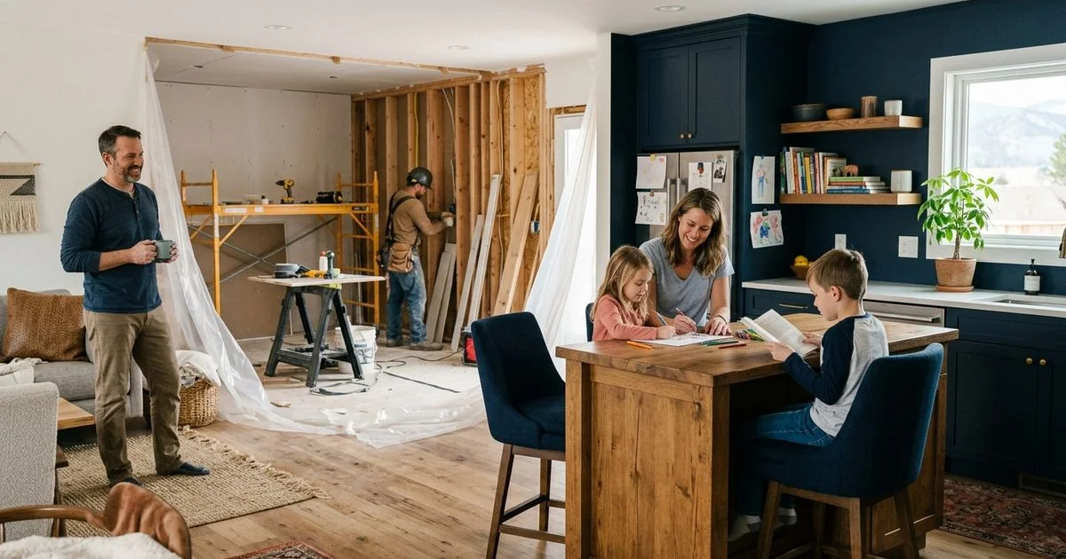 Family living in part of a home while another area is under renovation