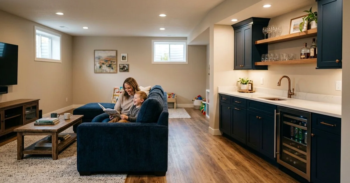 Finished Arvada basement with recessed lighting and wet bar
