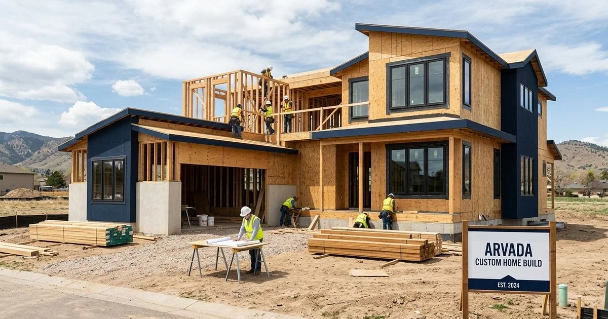 New custom home under construction on a cleared Arvada lot