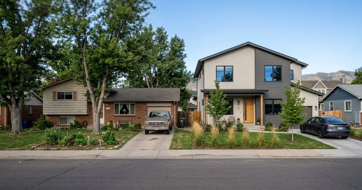Older home next to a newly rebuilt modern home on the same street