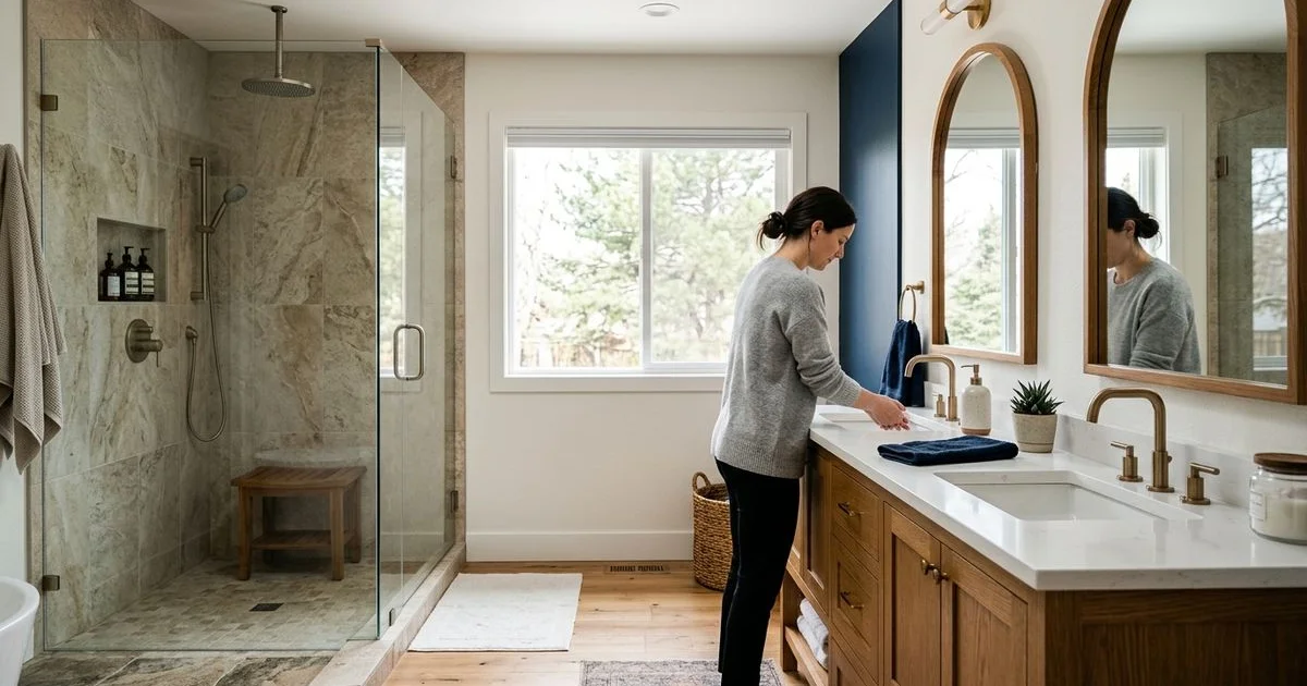 Remodeled master bathroom with walk-in shower and double vanity