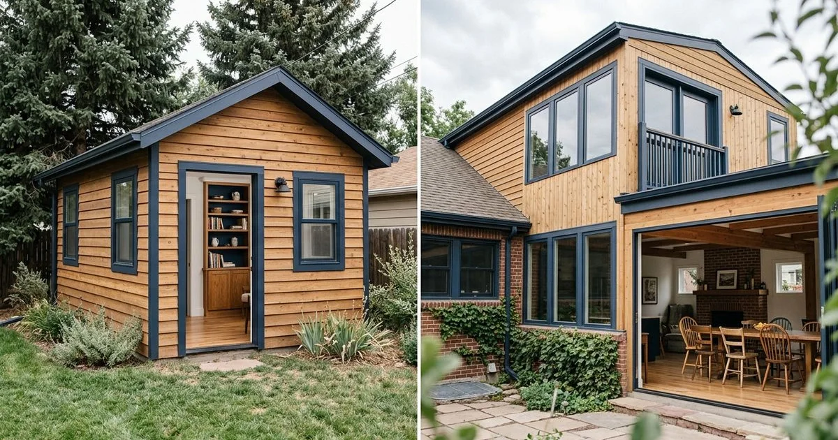 Split image of a detached ADU and an attached home addition
