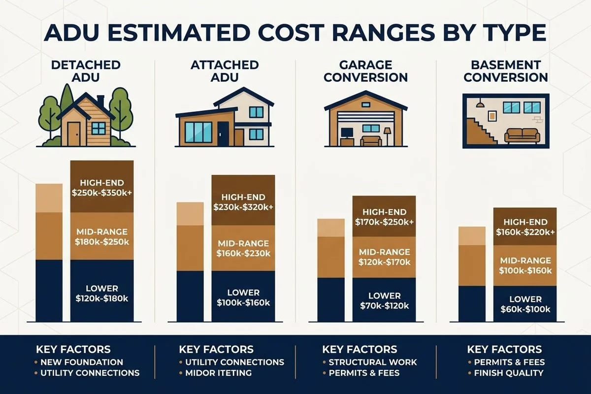 ADU cost by type chart comparing detached, attached, and garage conversion options