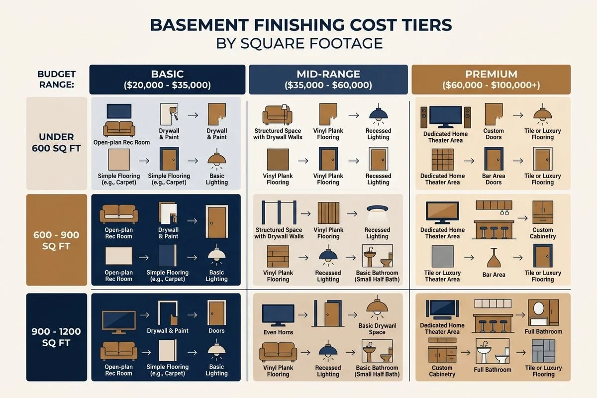 Basement finishing cost tiers by square footage