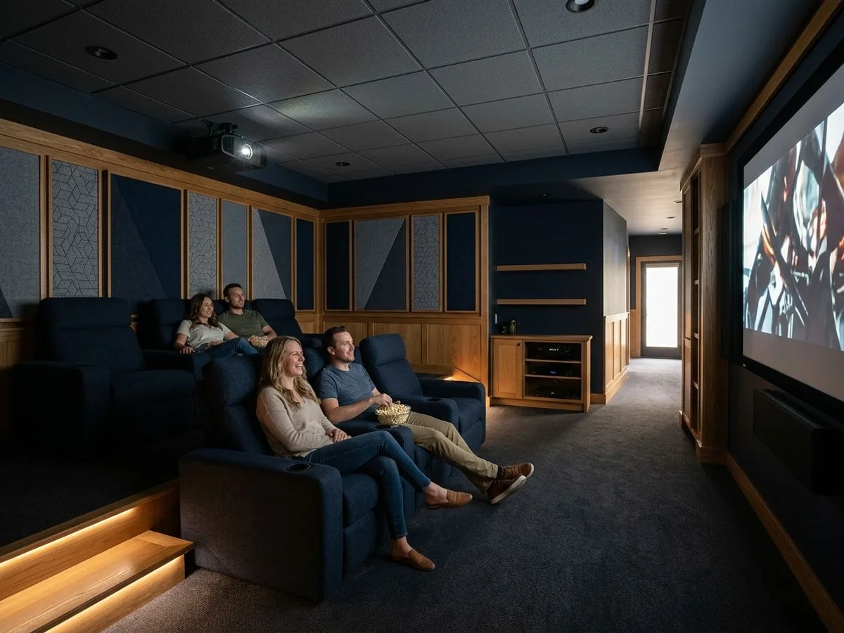 Basement home theater build with tiered seating