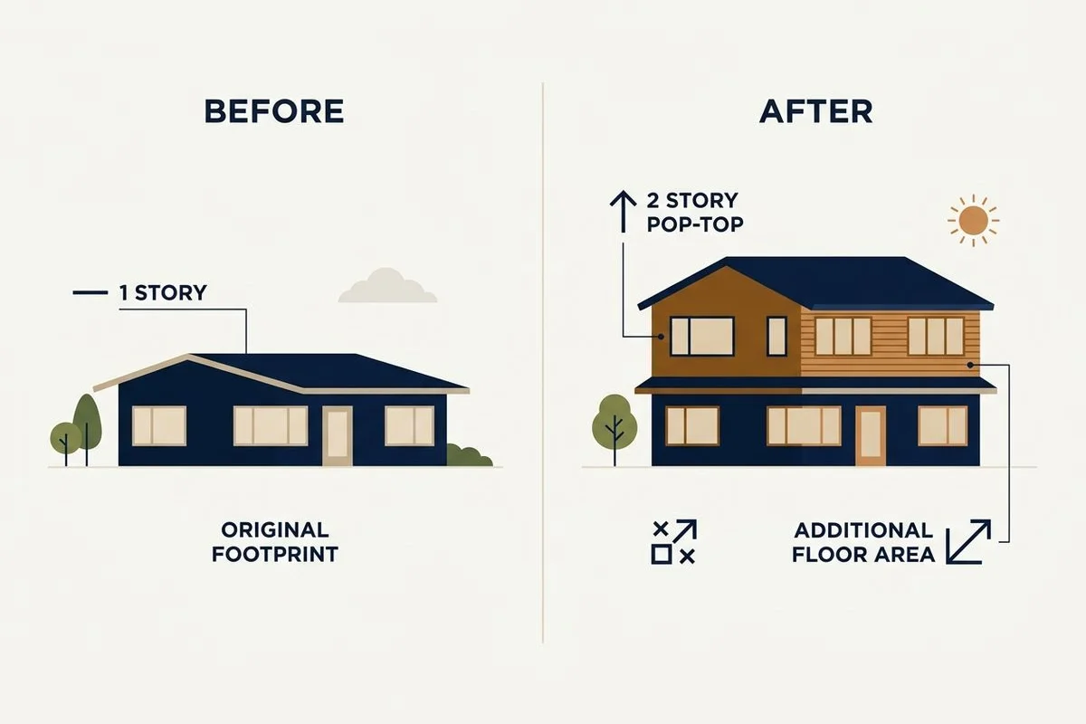 Before/after illustration of a single-story home becoming two-story
