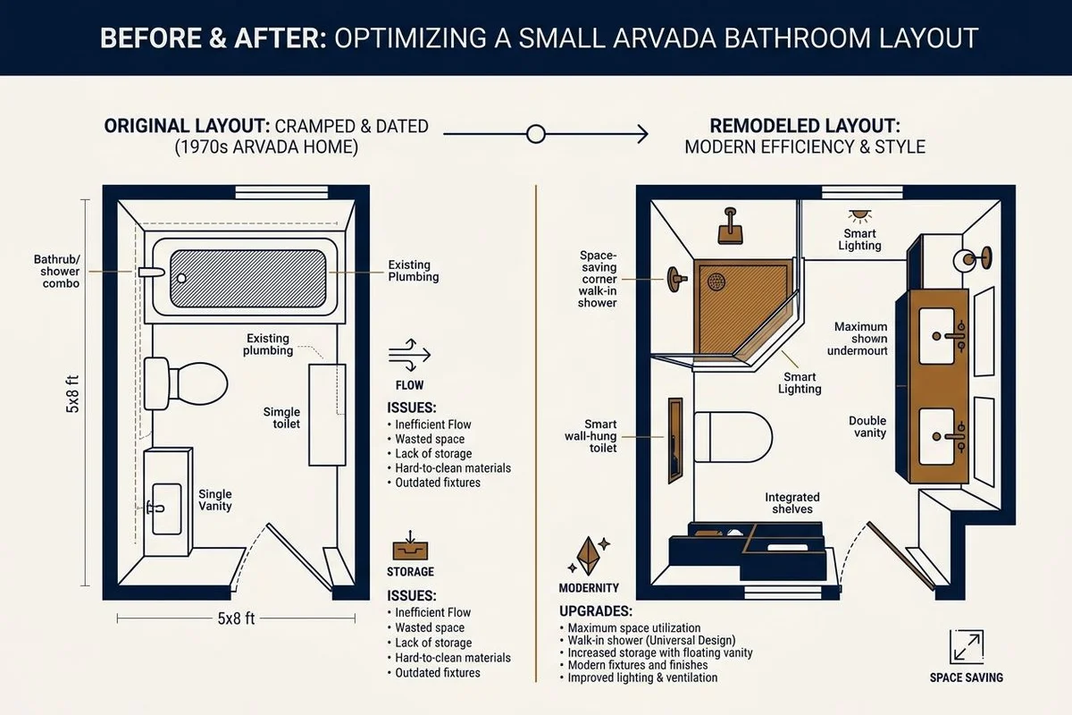 Before and after of a small bathroom layout