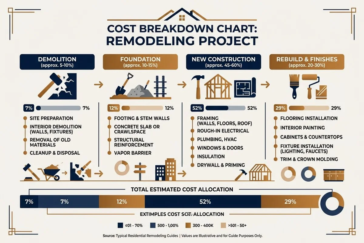Cost breakdown chart: demolition, foundation, new construction