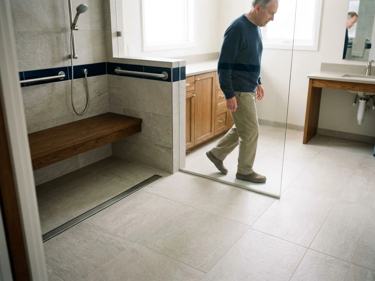 Curbless walk-in shower for accessibility
