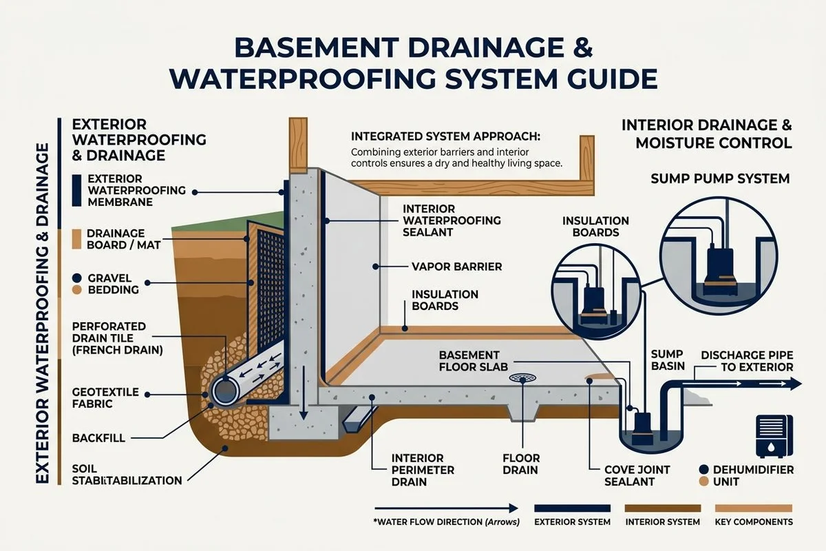 Diagram of basement drainage and waterproofing system