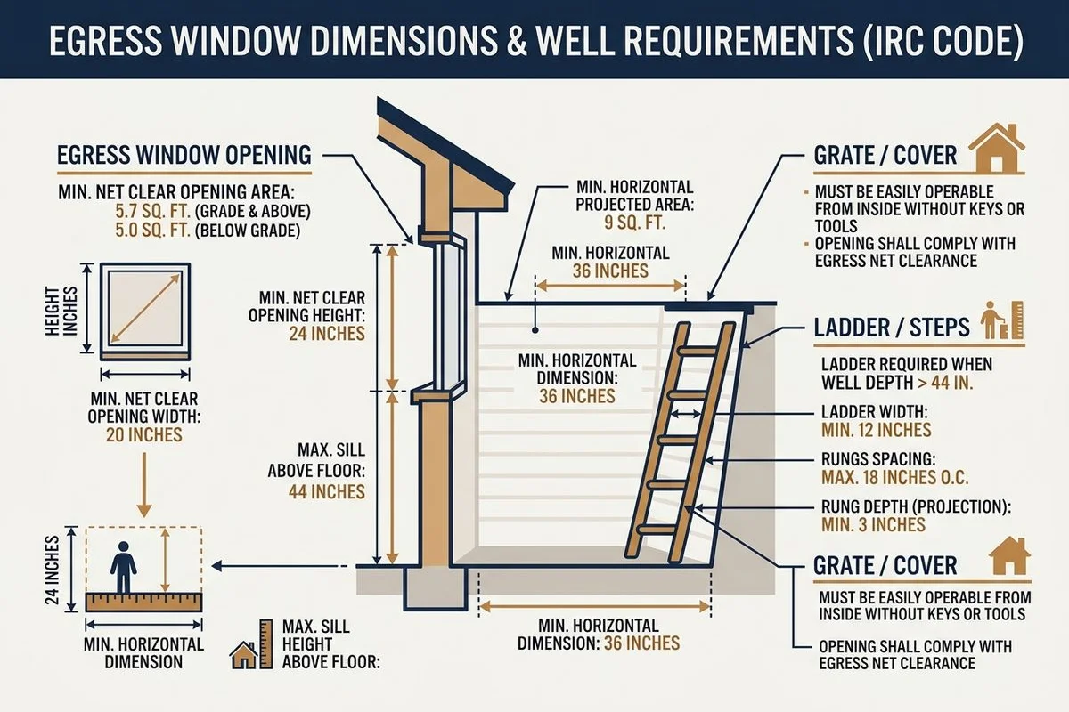 Diagram of egress window dimensions and well requirements