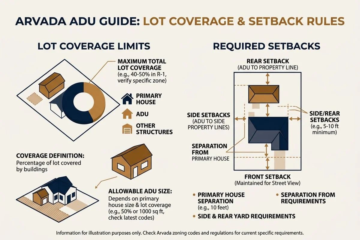 Diagram of lot coverage and setback rules for an ADU