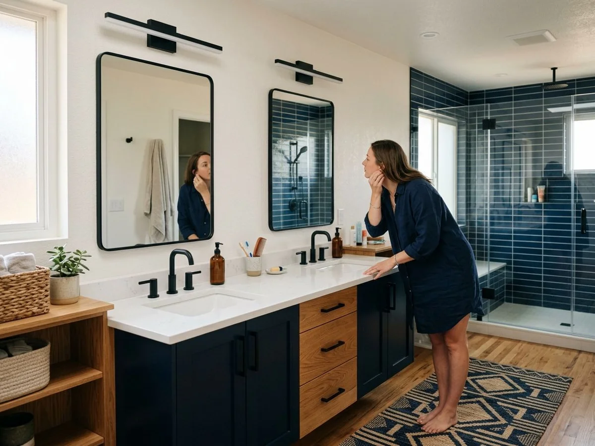 Double vanity with matte black fixtures