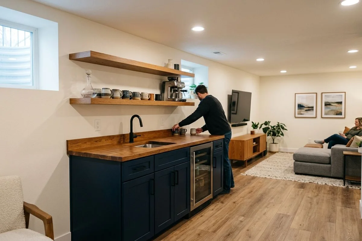 Finished basement remodel completed during winter season