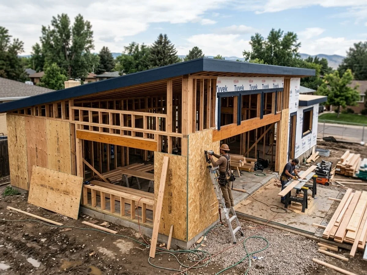 Framing stage of custom home rebuild