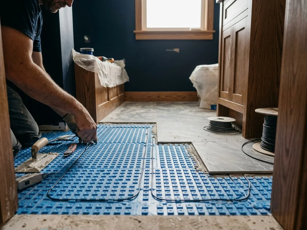 Heated tile floor installation detail