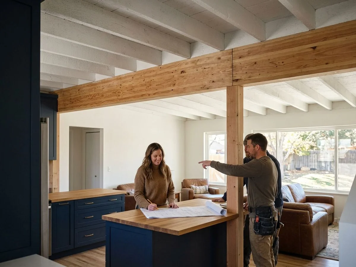 Load-bearing wall removal with LVL beam