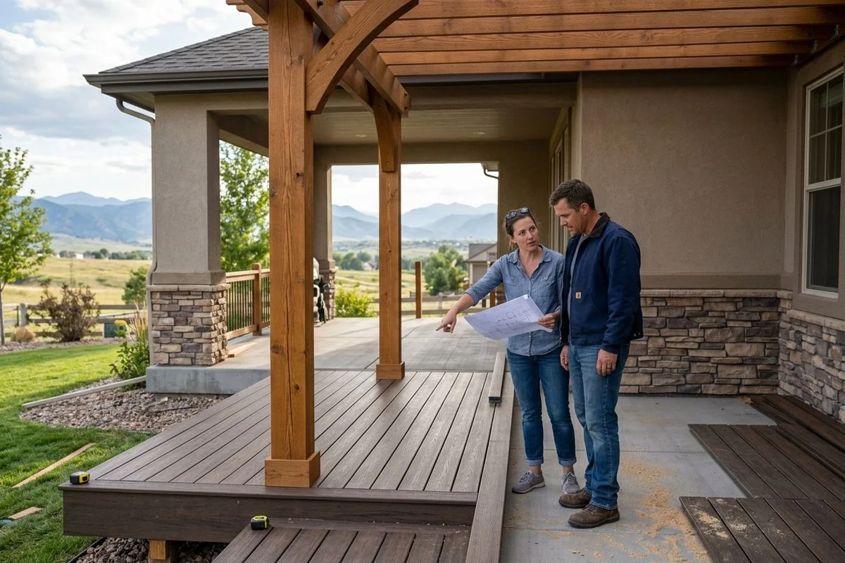 Outdoor deck project under construction in summer