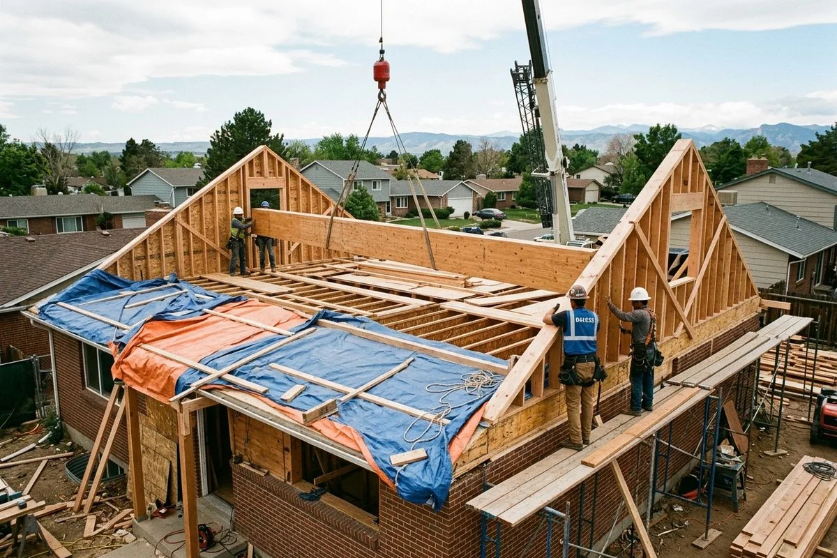Pop-top framing stage with structural ridge beam in place