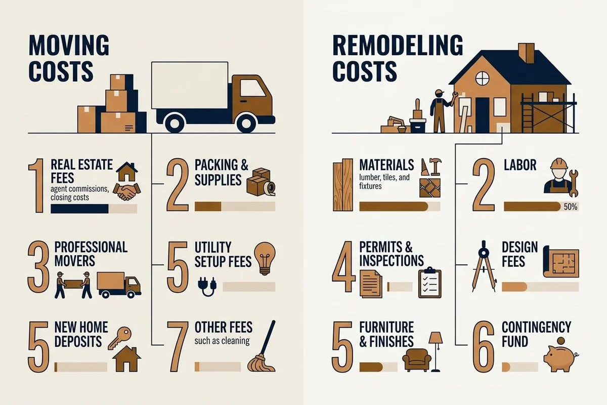 Side-by-side comparison of moving costs vs remodeling costs