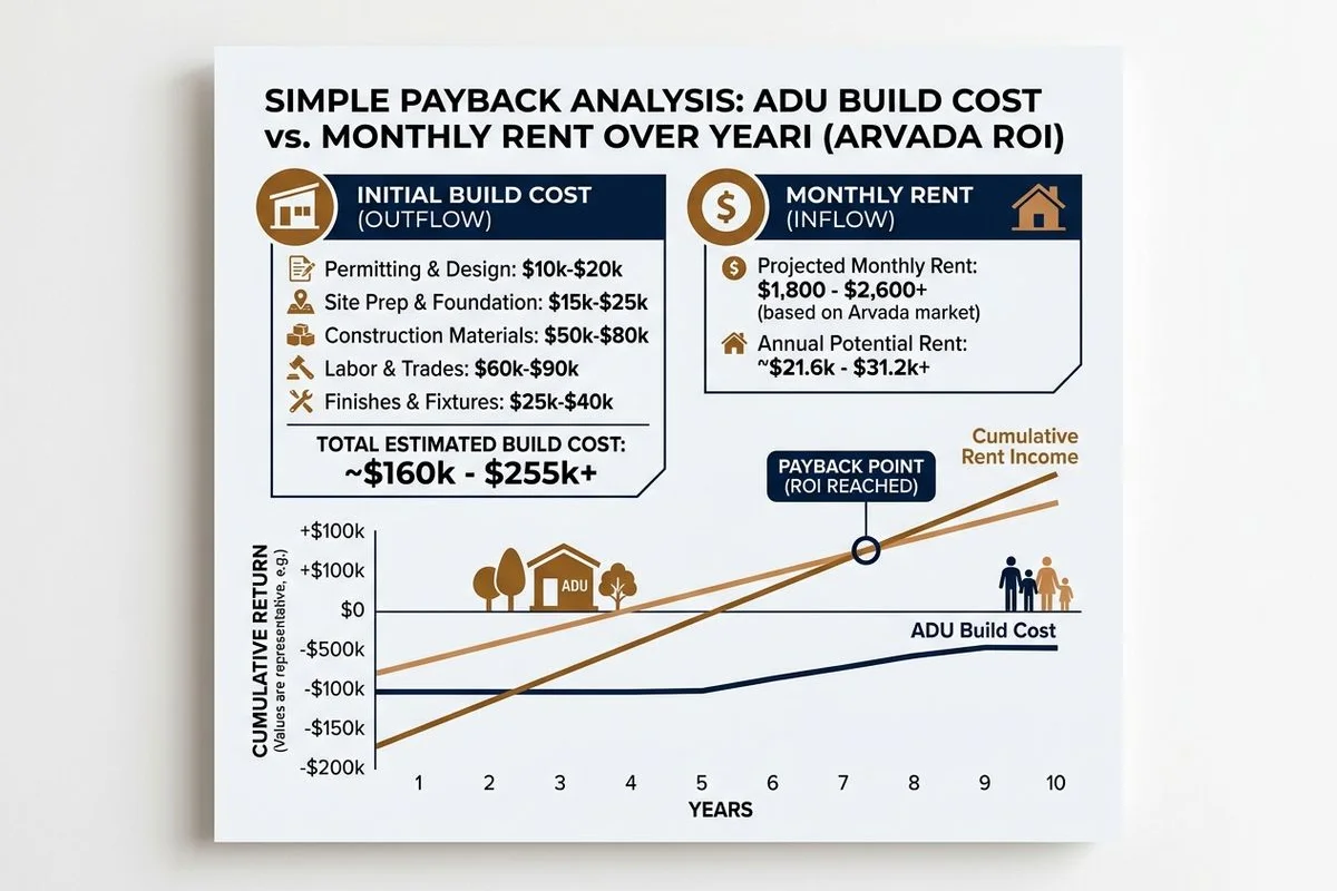 ADU payback chart showing build cost vs monthly rent over time