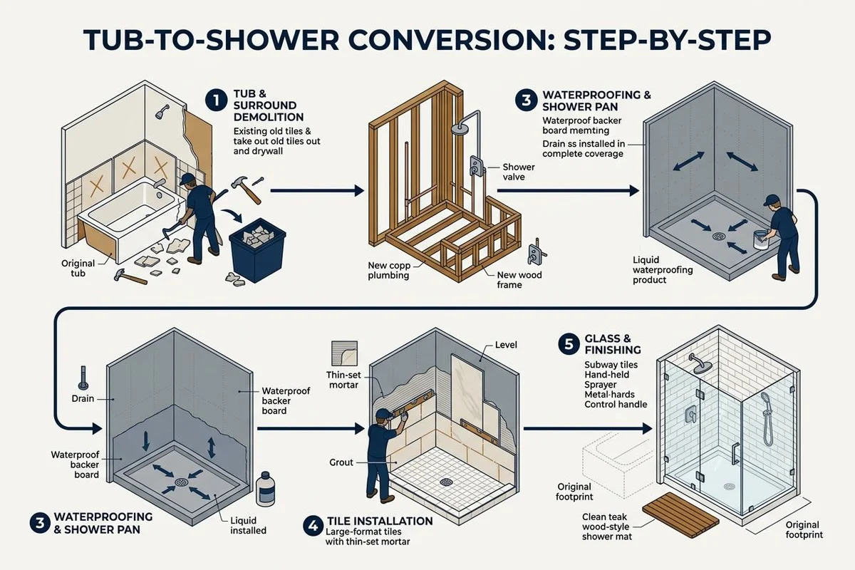 Step diagram of a tub-to-shower conversion