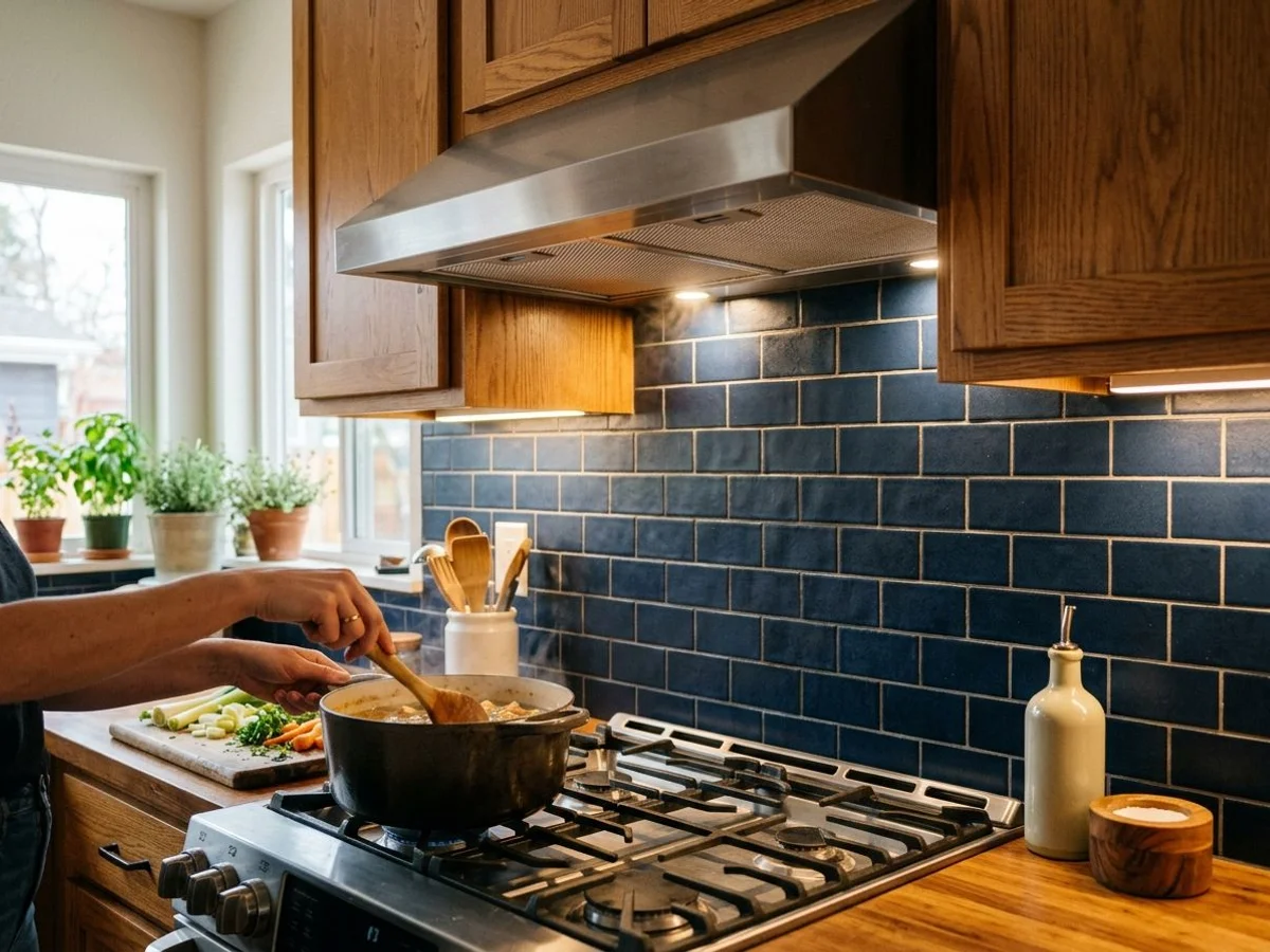 Backsplash tile and under-cabinet lighting detail